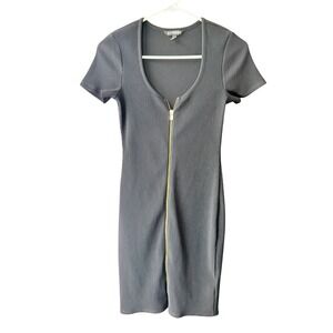 Express Womens Ribbed Zip Front Bodycon Dress Black Short Sleeve XS 90176